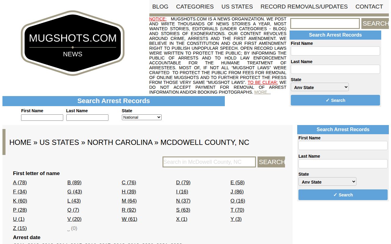 Unofficial McDowell County Mugshots.com crime-record page